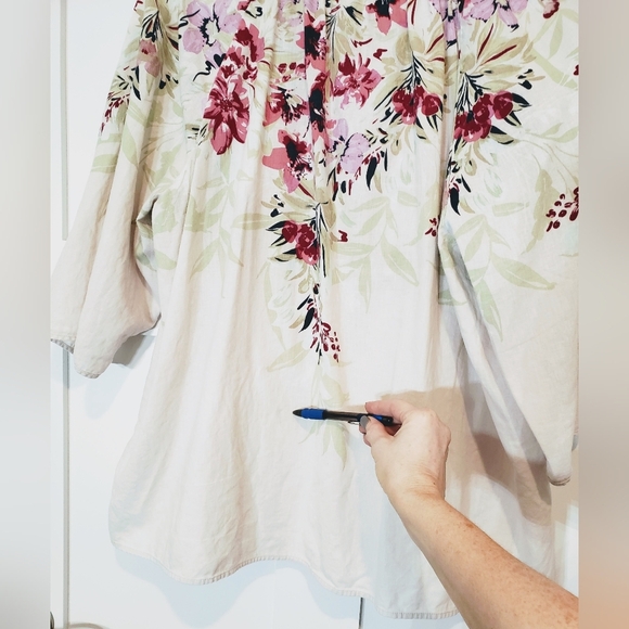 Catherine's Linen & Cotton Tunic Size 2X  22/24W Ivory Green Pink Flowers - Picture 12 of 14